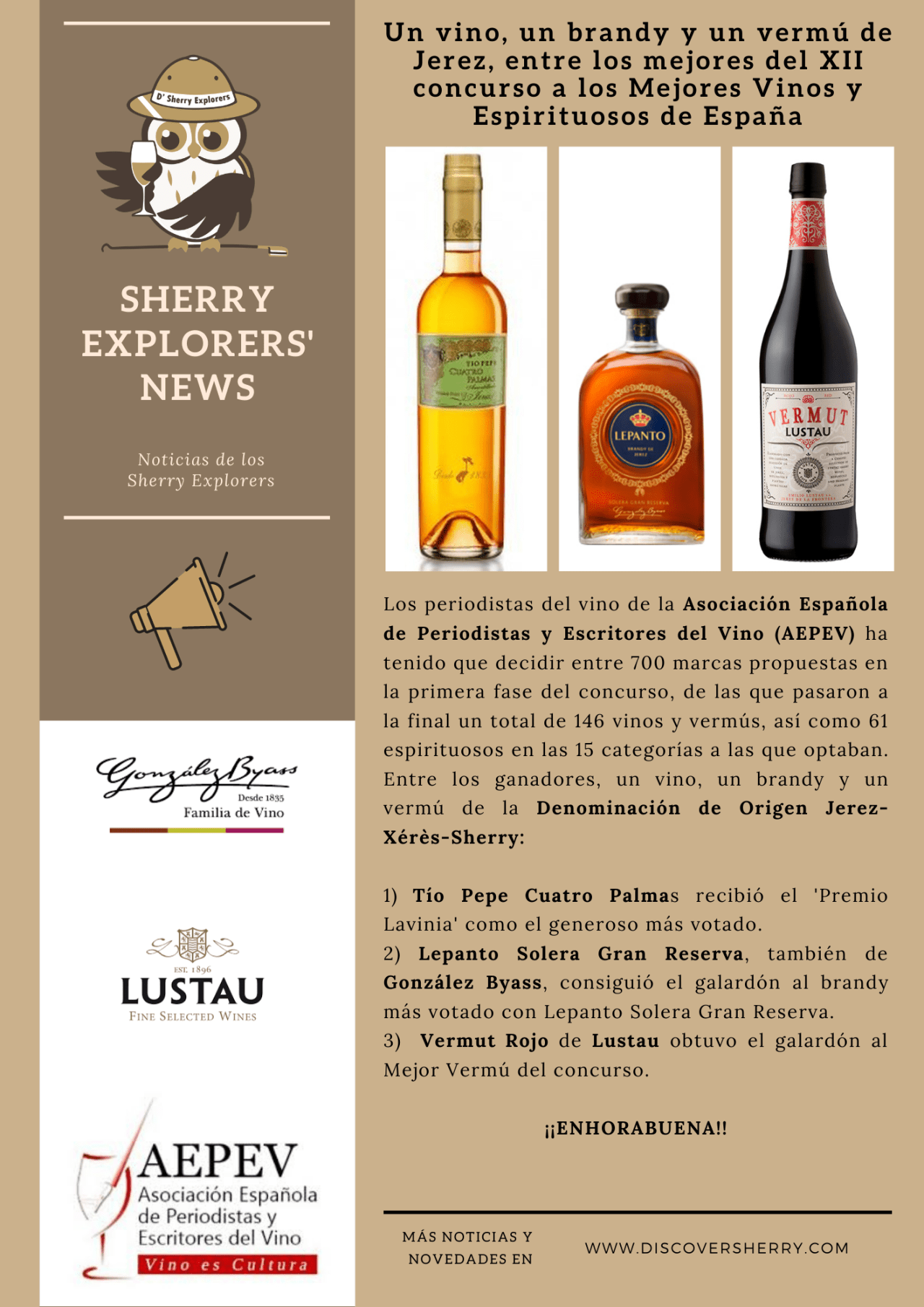 Sherry Explorers’ News: Un vino, un brandy y un vermú de Jerez, entre los mejores del XII concurso a los Mejores Vinos y Espirituosos de&nbsp;España