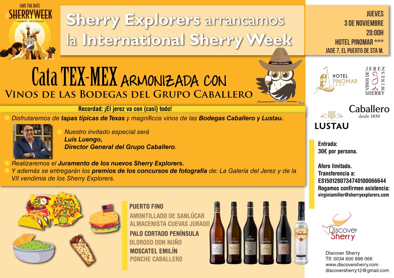 El jerez va con todo: Cata TexMex con vinos del Grupo Caballero: Jueves 3 de noviembre. ¡No te la&nbsp;pierdas!